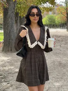 Vintage Academy Casual Style Colorblock Ruffle Brown Plaid Long Sleeve Dress, Women's Deep V Neck Button Front High Waist A-Line Shirt Dress