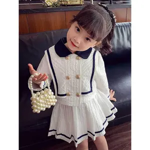 Girls' Exquisite Little Chic Suit Dress |         White Short - Style Golden - Buttoned Coat Matched with Pleated Skirt, Navy Blue Trim, Elegant Temperament, Fashionable and Sweet Two - Piece Set for Little Girls,