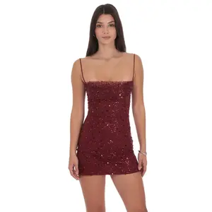 Draped Sequin Beaded Bodycon Dress in Burgundy