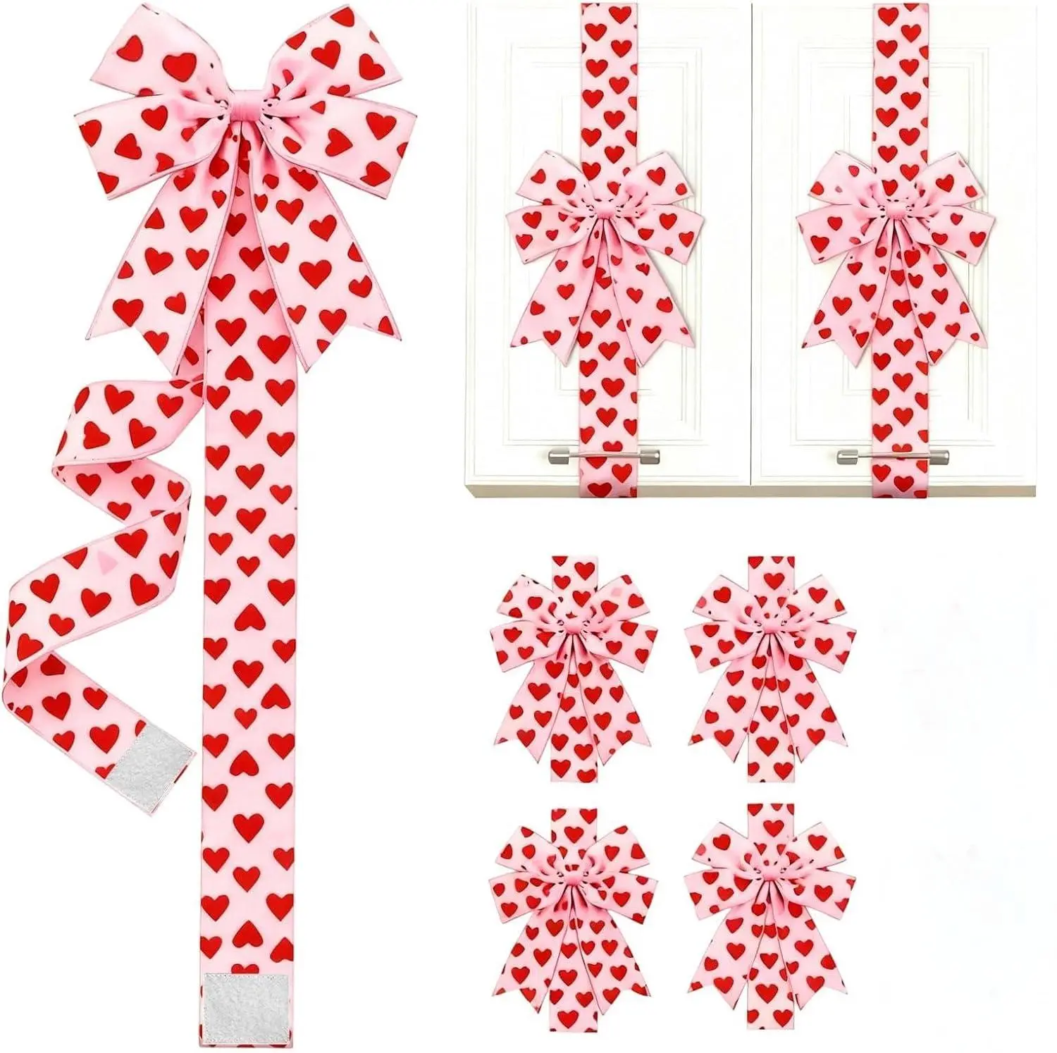 4Pcs 3D Synthetic Reusable Decorative Polyester Bow-Shape Love Heart Set - Large Red Ribbon Bows, Blush Pink Romantic Door Hanger Garland for Valentine's Day Party Display, Window Decor, Valentines Day, Love Hearts