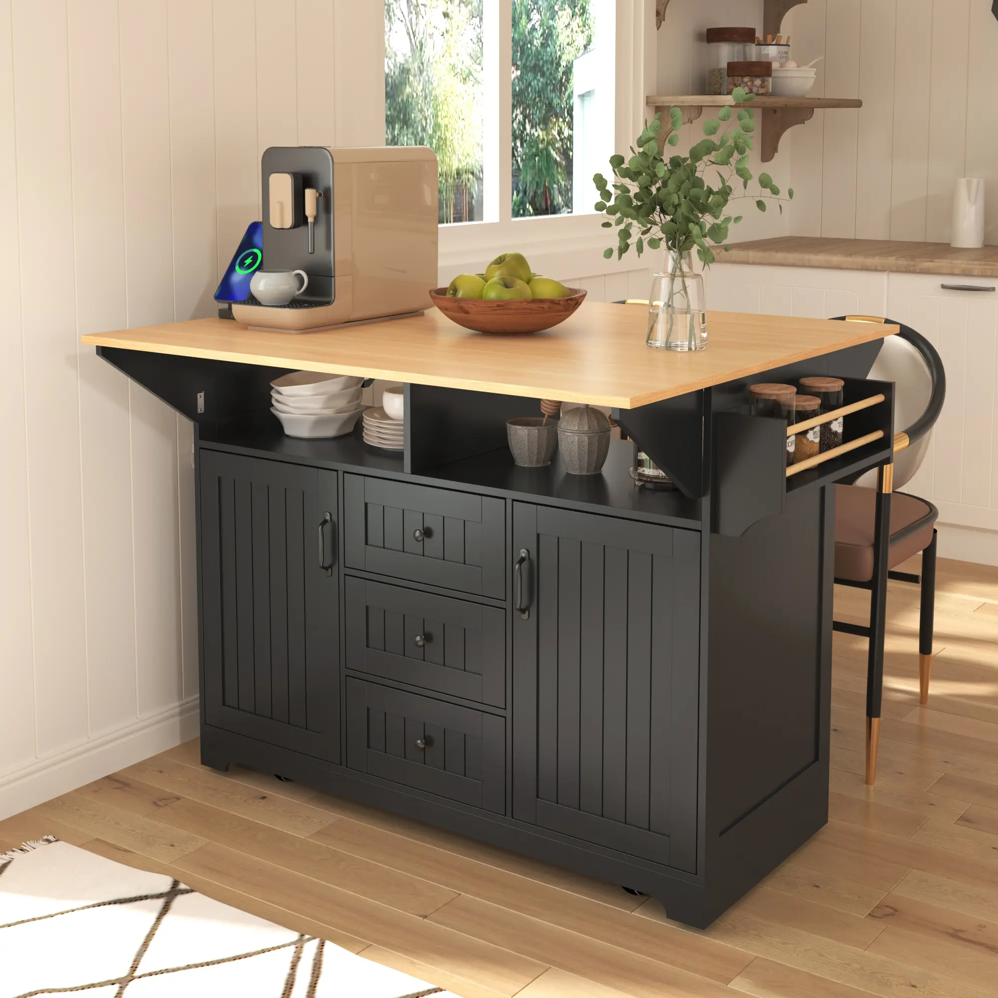 55.7" Rectangular Modern Portable Rolling Kitchen Island Storage Cabinet - Sturdy Laminate Cupboard Furniture with Drop Leaf, Built-in Drawers, Outlet, Spice Rack, Folding Dining Table, Simple Setup