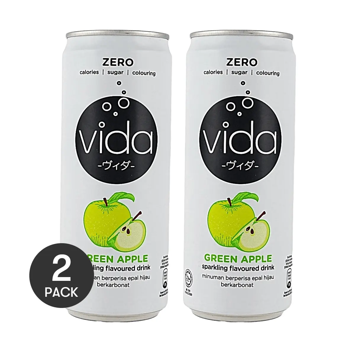 2 Pack VIDA Malaysian Green Apple Sparkling Drink 10.99 fl oz Each - 0 Sugar 0 Calorie 0 Fat