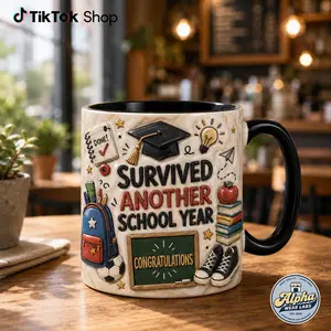 3D Effect Mug for Teacher, Survived Another School Year Coffee Cup With Backpack Books Design, Teacher Gift Idea