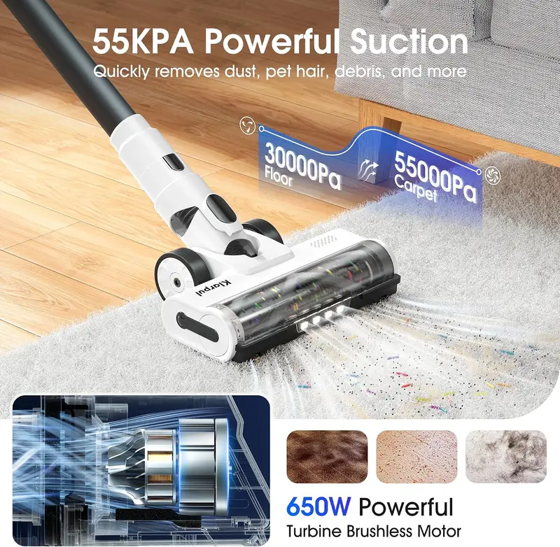 Cordless Upright Stick Vacuum Cleaner - 120V 650W 55KPa Lightweight Touchscreen Vacuum, USB Rechargeable, 70mins Runtime, Brushless Motor, Anti-Tangle Brush, Self-Standing, Boost Mode, Hardwood Floor Use, 3-Year Warranty, Lightweight Vacuum Cleaner, Touch