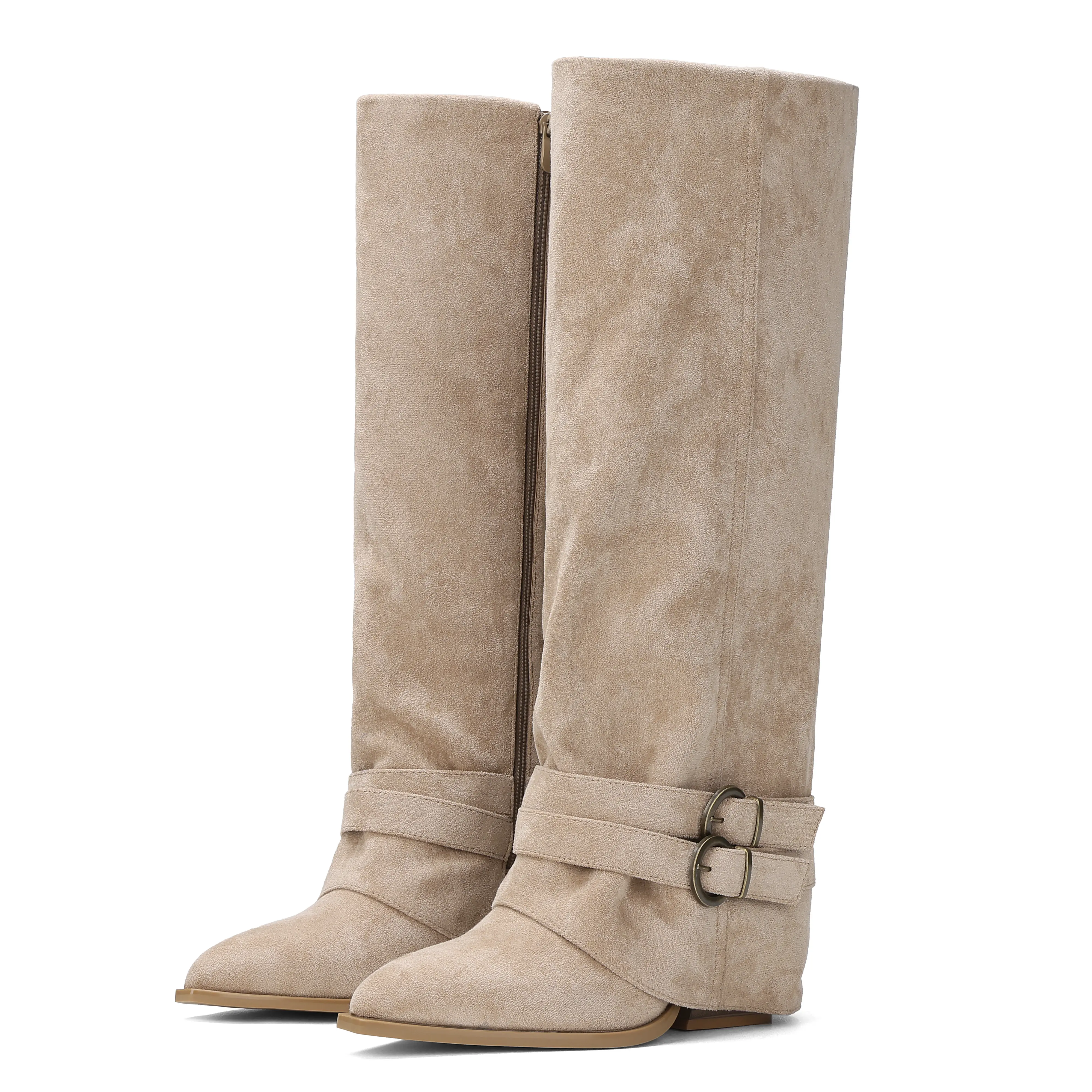 Women's Suede Knee-High Boots Pointed Toe Wedge Heel  Double Buckle Strap Detail Soft Faux Suede Material Side Zipper Closure Comfortable Wedge Sole Trendy Slouchy Shaft Desi Fall Winter Footwear Walking Shoes boots for women