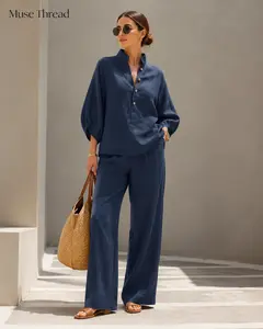 Muse Thread Women’s Navy Two Piece Set, Relaxed Button-Front Top & Wide Leg Pants Matching Outfit, Casual Resort Style Set
