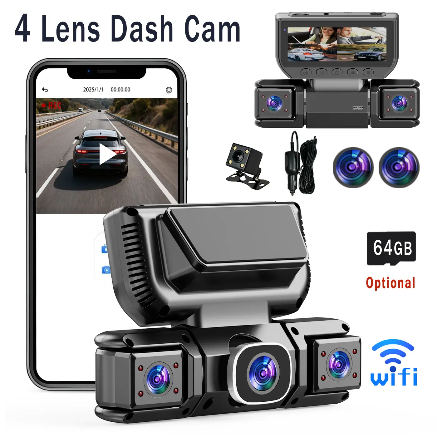 BCUOZ 4 Channel Dash Cam 360° View, 1080P Front and Rear Inside, Left Right Dash Camera for Cars, 8 IR Lamps Night Vision, 5G WiFi & APP Control, G-Sensor, Parking Mode, with a Free 64GB SD Card