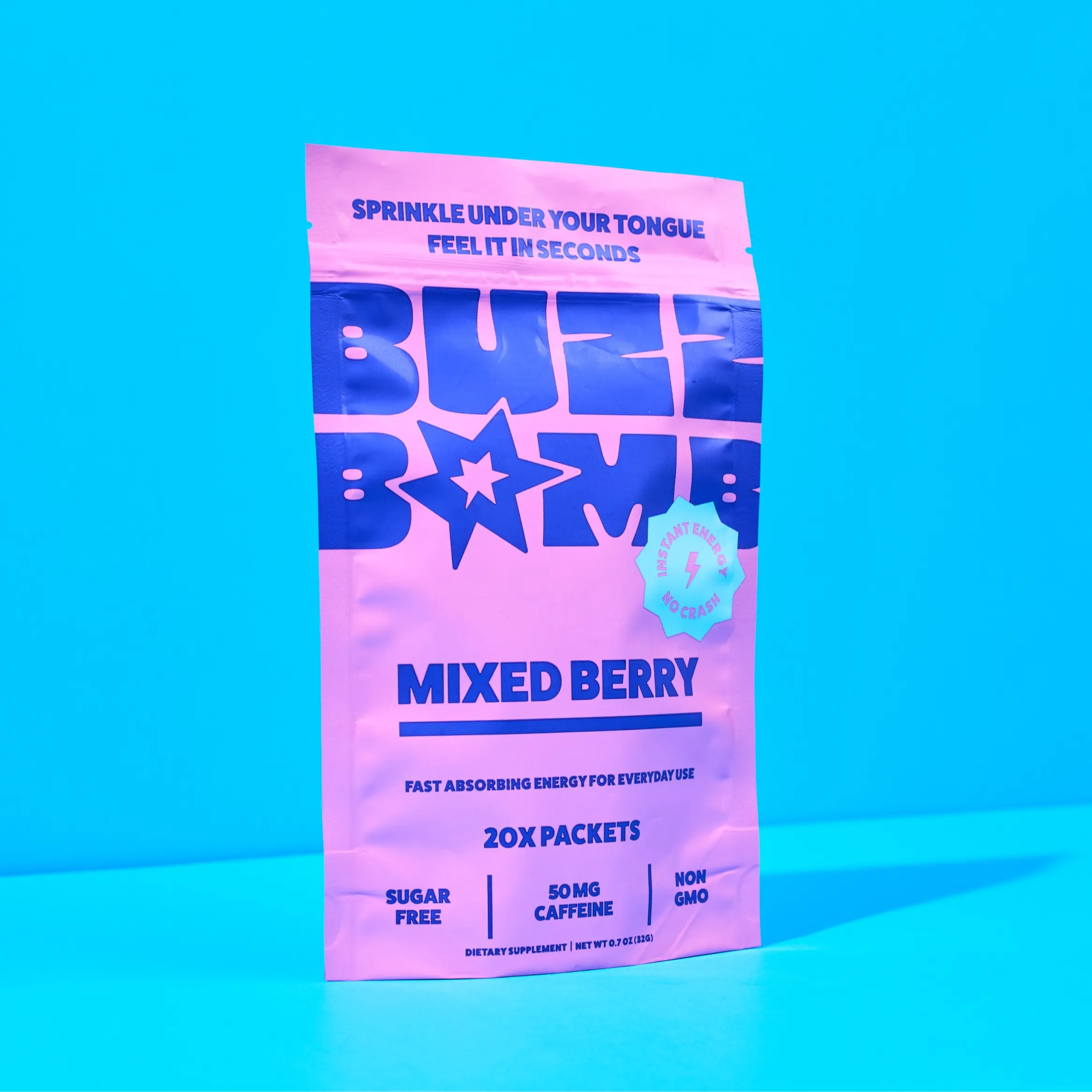 BUZZ BOMB Energy Packets, Under the Tongue Caffeine, 20 Count, Mixed Berry | Energy without the Drink, Sugar Free, Clean Caffeine Powder, 50mg Caffeine