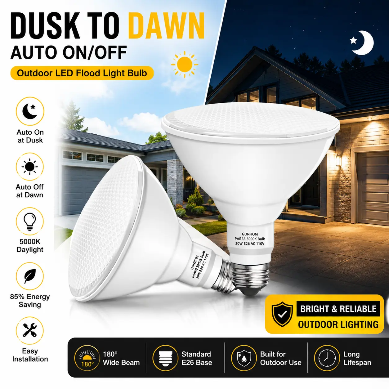 Smart Dusk to Dawn LED Bulb | Automatic Outdoor Porch Light | 5000K Daylight | Energy Saving Security Lighting