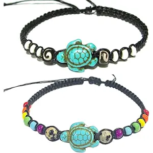 2 count Hawaiian Sea Turtle Bracelet-Black Bracelet with Turtle in Turquoise Color-Turtle  Bracelet