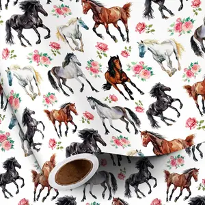 Horse Wrapping Paper Roll for Boys Girls, Mini Roll, Watercolor Swith Galloping Horses and Floral Design  Wrap Paper  for Birthday, Western Party, Farm Theme, 17 Inches x 16.4