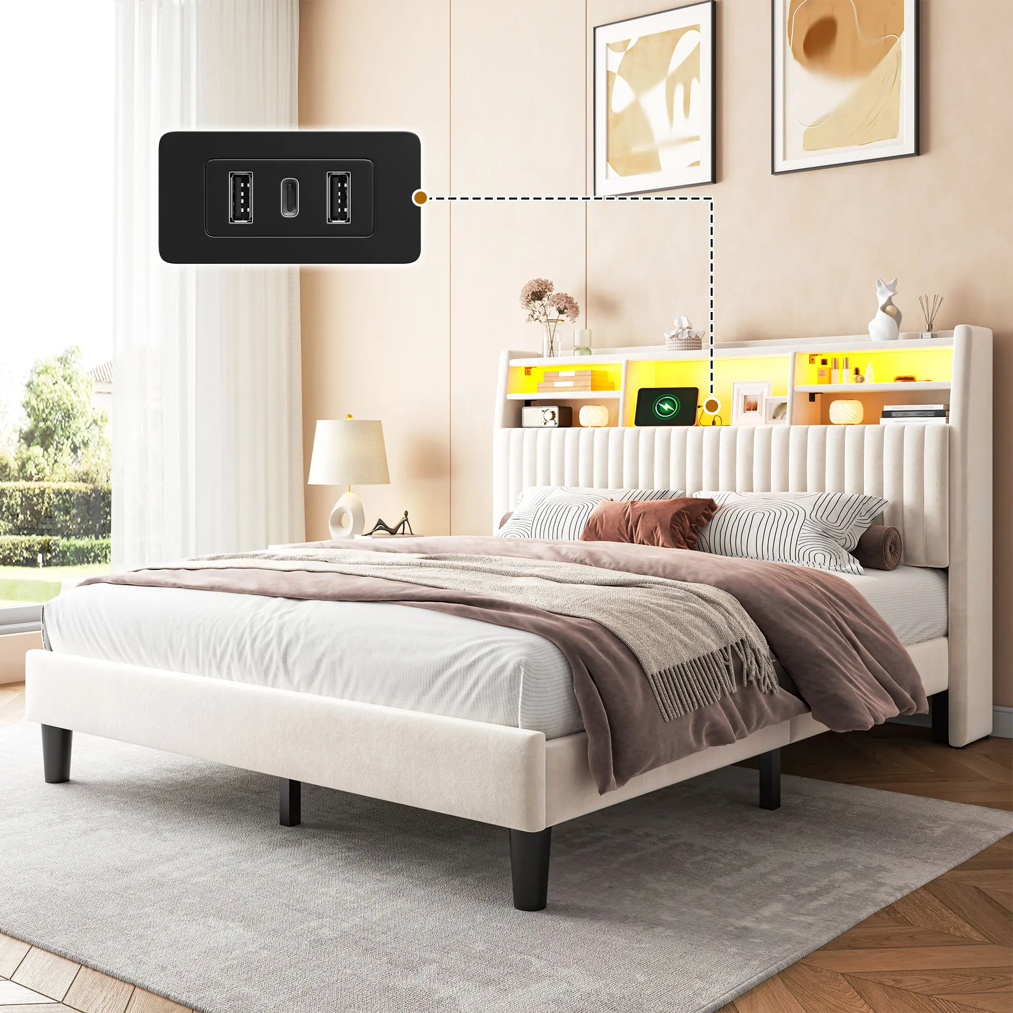 Raybee Luxury Bed Frame with Bookcase on Velvet Upholstered Headboard, LED Bed Frame for Queen/Full/King with Power Outlet, Modern French Platform Bed Frame, No Box Spring, No Noise, Holds 700-1000 LBS for Teens Dorms, Apartment, Guests Room,