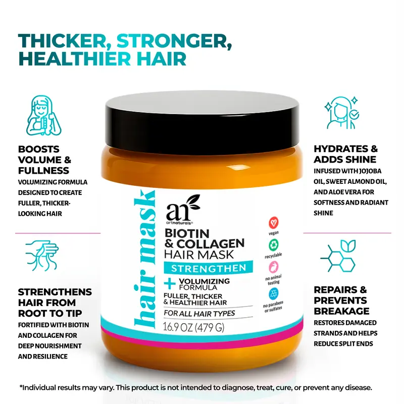 ArtNaturals Biotin & Collagen Hair Mask - Thicker Stronger Healthier Hair - Volumizing Formula with Jojoba Oil Sweet Almond Oil & Aloe Vera - 16.9 oz - Sage Oil Infused