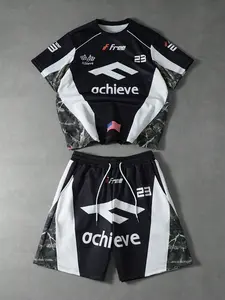 Men’s 2 Piece Motorcore Racing Jersey Shorts Set Vintage Graphic Tee with Tree Camo Patchwork Quick-Dry Streetwear Outfit for Outdoor Festival & Sports Summer 2026