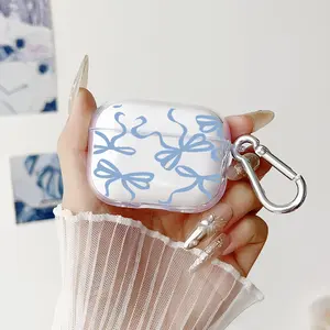 Blue Ribbon Dance Pattern Protective Case for AirPods 4/3/2/1/Pro/Pro2 Soft TPU Earphone Cover, Transparent with Keychain