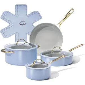 Ceramic Cookware Sets, 10 count Pots and Pans Set Non Stick, Cookware Set with Stainless Steel Handle, Dishwasher & Oven Safe, Blue Gray and Granite Grey