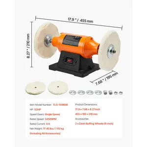 VEVOR 1/2HP Bench Buffer Polisher, 6-inch Bench Polishing Buffing Machine, 3450RPM Single Speed Benchtop Polisher with 2PCS Cloth Wheels Cast Iron Base for Metal, Jewelry, Wood Polishing