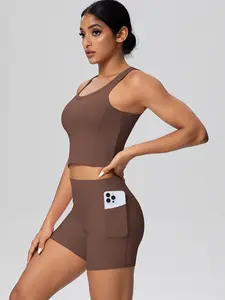 Women's Sports Set, U-Neck Sleeveless Tank Top with Padded, High Elastic Yoga Shorts with Pockets, Breathable Gym Workout 2-Piece Set, Yoga Clothes Set
