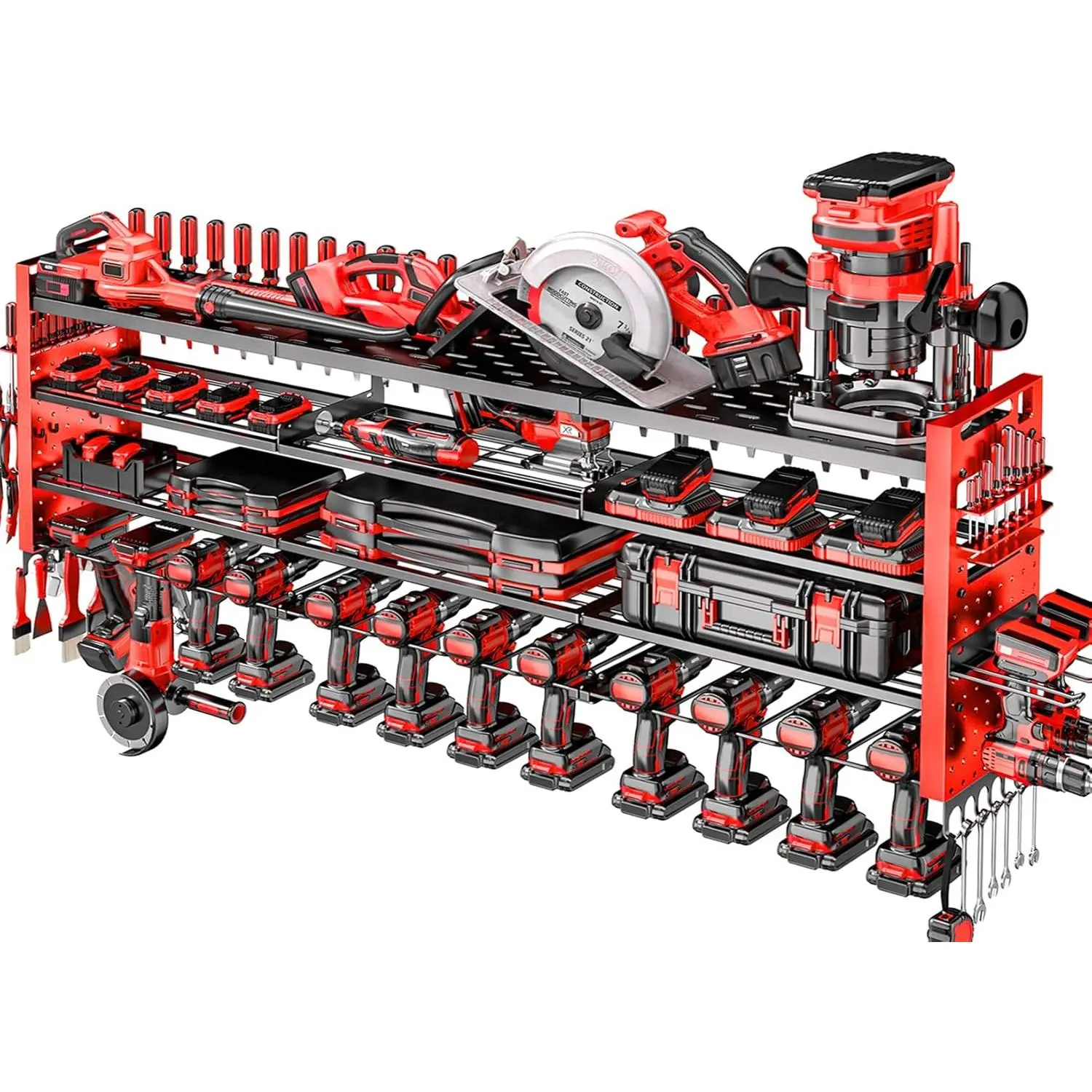 49.8inch Wide Large Electric Tool Storage Rack, Wall-Mounted Heavy-Duty Tool Storage Rack, with 14 Cordless Drill Holders, 4-Tier Garage Organizer and Storage Rack, Suitable for Garage and Workshop Tool Storage, Red