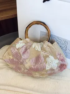 Sweet style retro light luxury exquisite embroidered handbag, decorated with colorful flowers and circular handles, pleated design, convenient and easy to carry, suitable for daily dates, shopping, afternoon tea