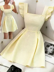 💛 Elenzga Y2K French Square Collar A Line Mini Dress In Cream Yellow, Cinched Waist Summer Office Look.