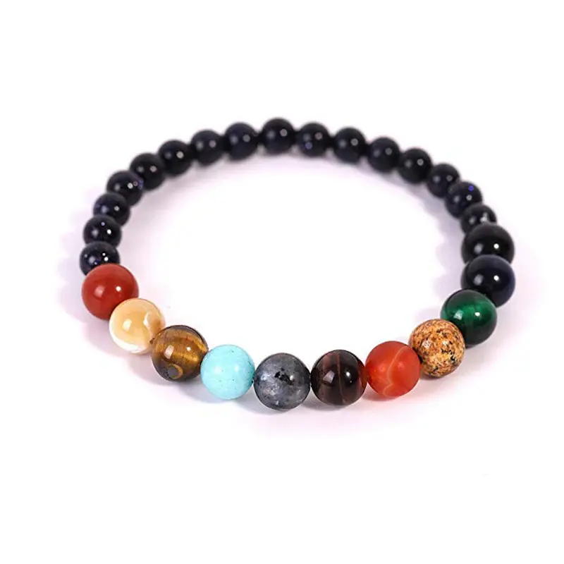 Solar System raw stone stretch bracelet — universe planets, galaxy starry sky beaded bracelet; niche astronomy jewelry gift for couples and students, ideal for birthdays