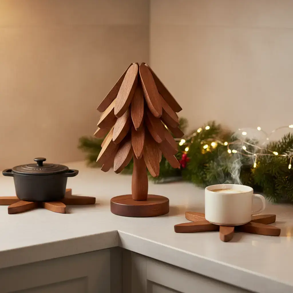 Wooden Coaster Set for Hot Foods, Coffee, Christmas Tree Shape, Includes 4 Walnut Coasters and 1 Stand, Foldable Kitchen Decor Artwork, Brown Kitchenware, Hot Dish Coasters