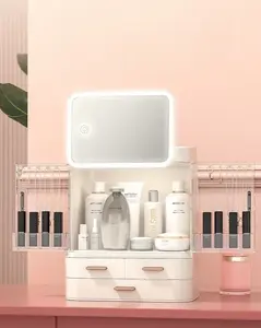 Ultimate All-In-One Makeup Organizer with LED Mirror 360-Degree Rotating Vanity Mirror for Skincare & Accessories Storage Box