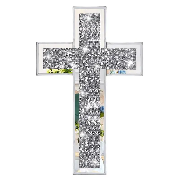 Crushed Diamond Mirrored Wall Cross Glass Mirror Crystal Decorative Home Decor 15.7x10 Inch