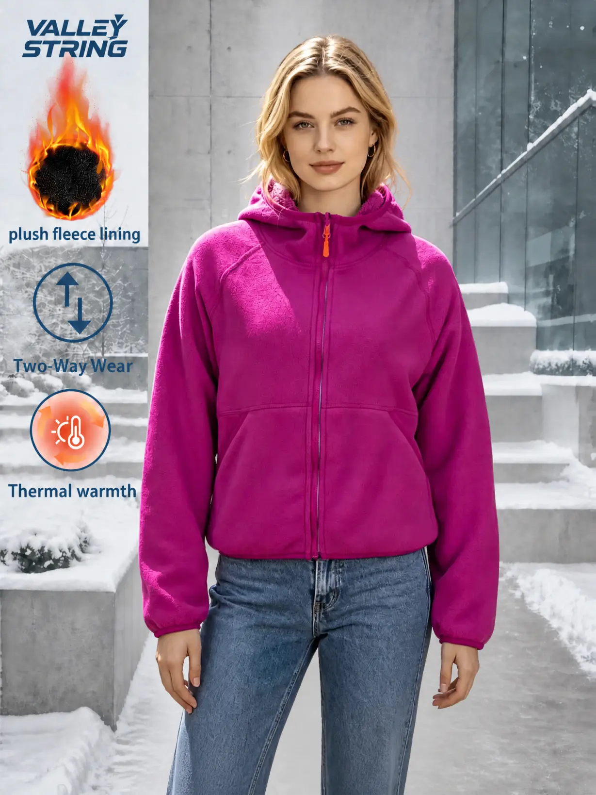 Women’s reversible fleece hooded jacket, a casual warm top with thick plush lining for strong warmth. Features a full zip closure and hood, designed for cold weather with pockets and elastic cuffs. Suitable for outdoor camping, cycling, and leisure walks.