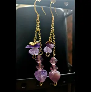 Amethyst Heart Drop Dangle Earrings with Gold Hoops and Purple Gemstones