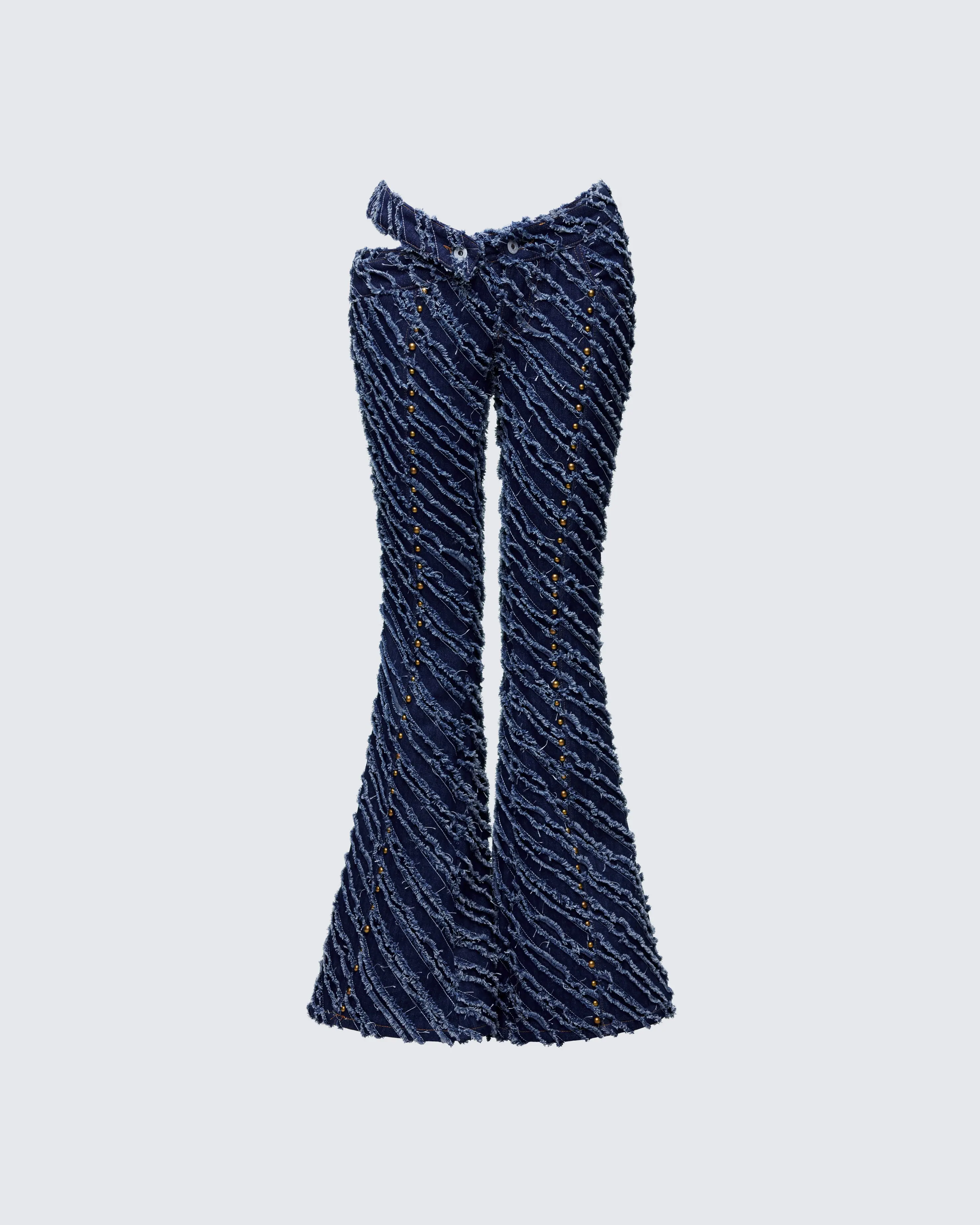 Women's Aviv Blue Denim Studded Fitted Flared Jeans, Polyester-Cotton Blend, Metallic Accents, Stripe Detailing