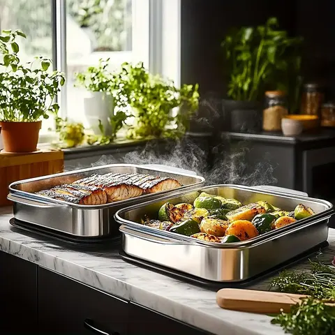 Stainless Steel Nonstick Rectangle Baking Pans Set - 2/4-Piece, Spacious Thick Bottom Lidded, Oven Safe Sheets & Grates, for Desserts Grilling, Ideal Mother’s Day Kitchenware Gift, Stainless Steel Nonstick Sheets & Grates