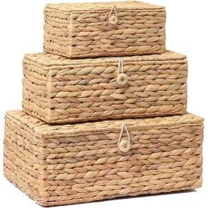Set of 3 Wicker Baskets with Lid, Large Rectangular Rattan Basket Decorative Boxes, Natural Hyacinth Wicker Basket for Shelf Organizer, Nursery Room