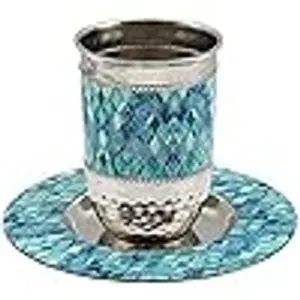 Kiddush Cup Set Stainless Steel and Colorful Enamel for Shabbat and Yom Tov (Blue Mosaic CT-12)