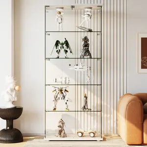 Modern Glass Display Cabinet with Motion Sensor LED Lights 5 Tier Tempered Glass Curio Cabinet Lockable Double Doors for Collectibles Action Figures Lego Wine Bookcase Large Showcase Base Smart Home Decor Living Room Office Black White