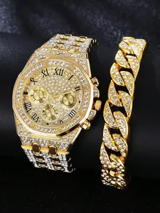 Men's Business Fashion Round Dial Analog Quartz Watch & Bracelet Set, Fashion Watch Jewelry, Fashion Watch Set for Party, Daily Clothing Decor, Trendy All-match & Exquisite Watch Set for Gift