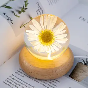 Flower Crystal Ball Night Light with Wooden Base - 2.75 inch Glass Ball Night Lamp for Desktop Decor, Gifting for Various Occasions pink  flower ikea  lamp