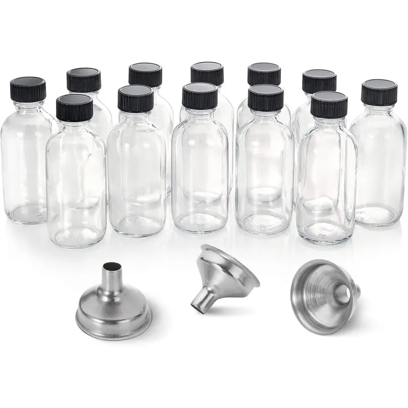 12 Pack, 2 oz Small Clear Glass Bottles w/Lid & 3 Funnels - 60ml Boston Shot Bottles for Health, Immunity, Potion, Wellness, Sample, Ginger, Juice - Mini Personal Care & Beauty Travel Bottle-L