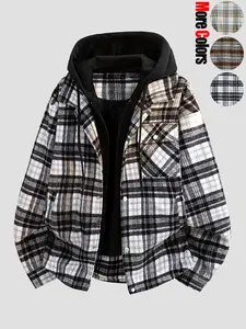Men's casual fashion loose comfortable windproof warm tweed hooded jacket, multi-pocket versatile striped plaid Checked outdoor sports couples tops jacket, daily commuting climbing fishing adventure wear