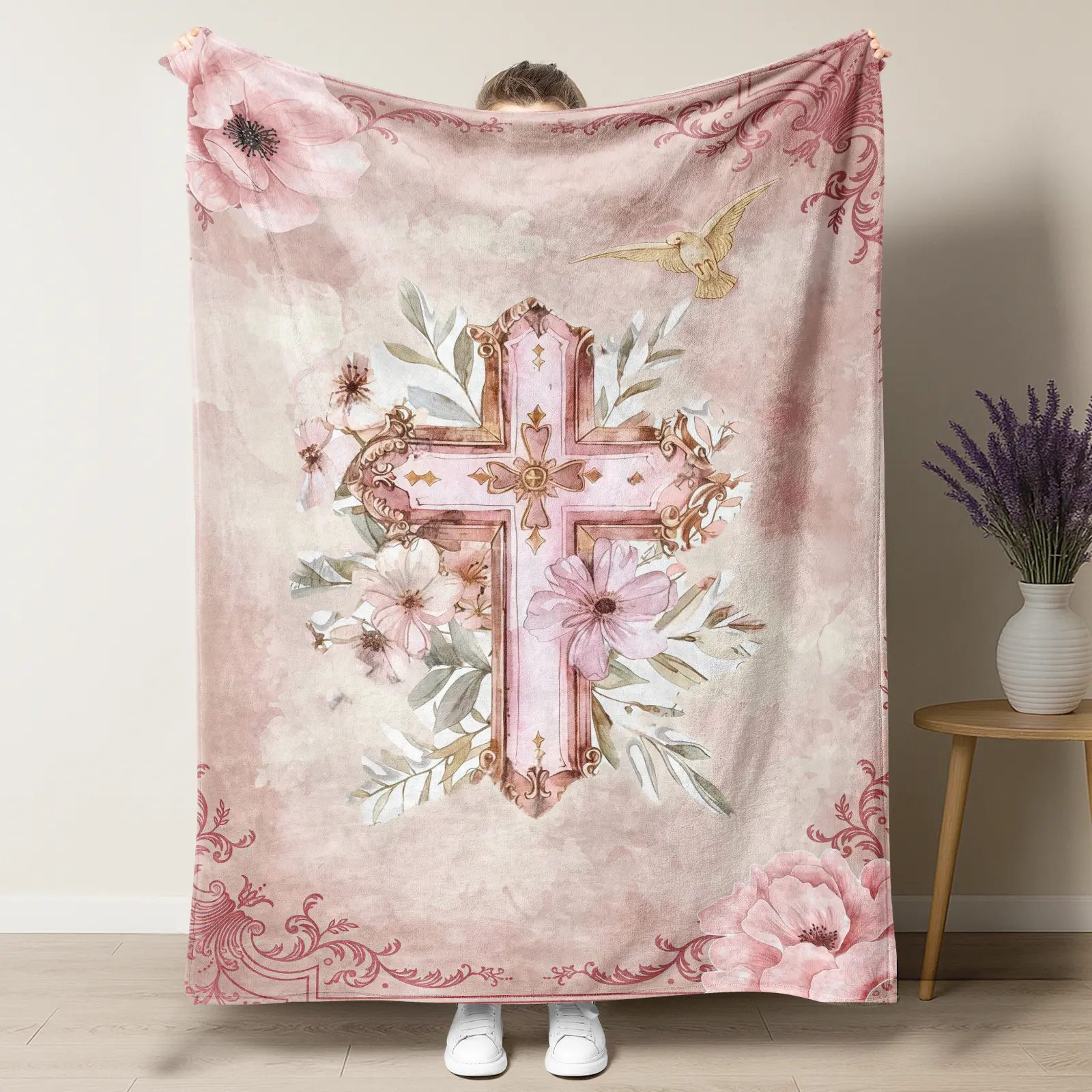 Floral Cross Christian Fleece Blanket Collection,'God is Good All The Time' Religious Throw Blanket, Soft Cozy Faith-Based Blanket for Christian Women, Perfect Gift for Baptism, Confirmation & Easter