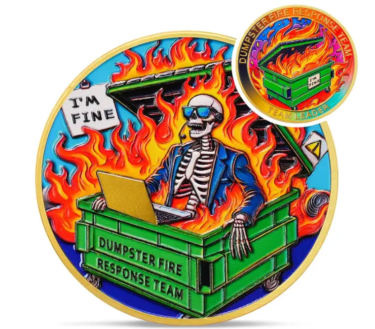Skull Image Dumpster Fire Coin - Embossed Detail, Humoristic Team Leader Edition Challenge Coin, Motivation & Resilience Encouragement Token, Office Home Decor Statue Figurine Gift, Pocket-Sized
