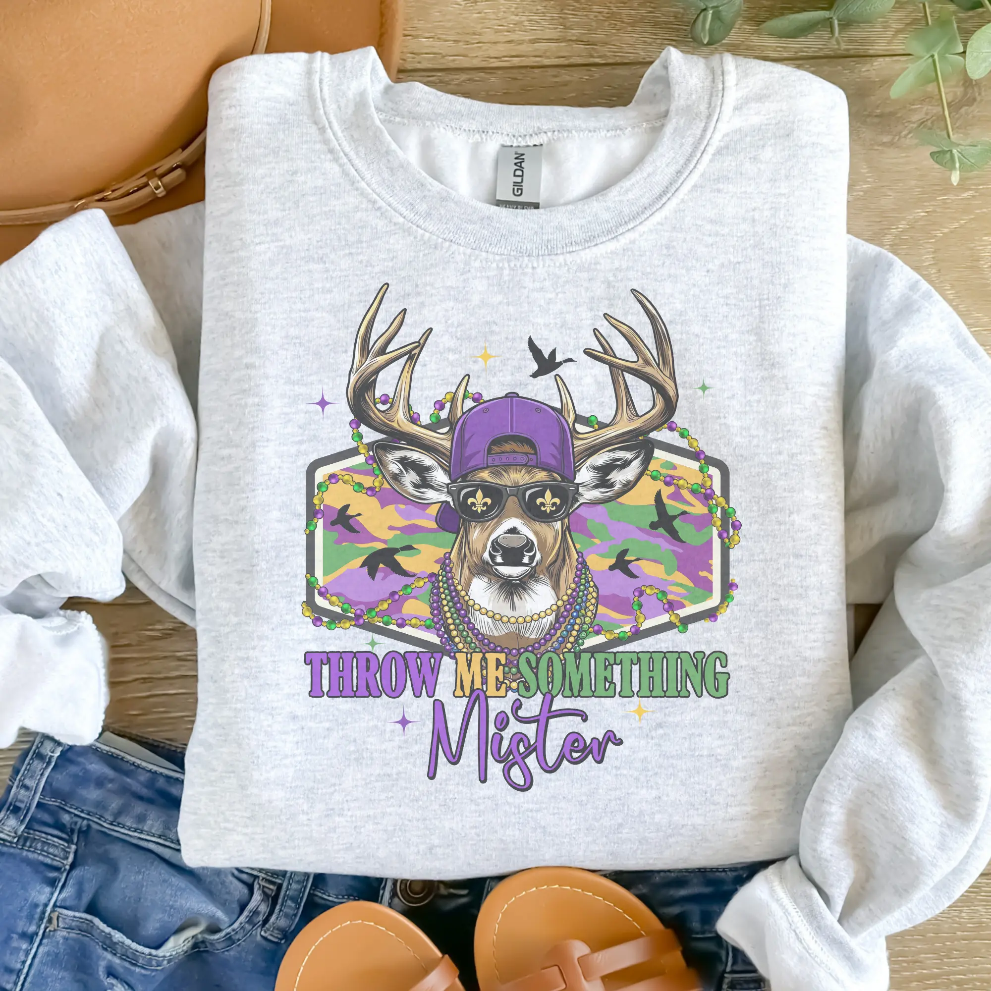 Mardi Gras - Throw Me Something Mister Deer Sweatshirt - Ash Grey - Unisex Jersey Sublimation Design Vintage Style Comfortable Everyday Wear