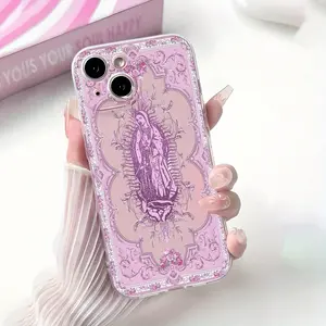 Beautiful transparent mobile phone case with purple Virgin Mary pattern, suitable for iPhone 16,15, 11 , 12 , 13  Pro Max Cover Cellphone