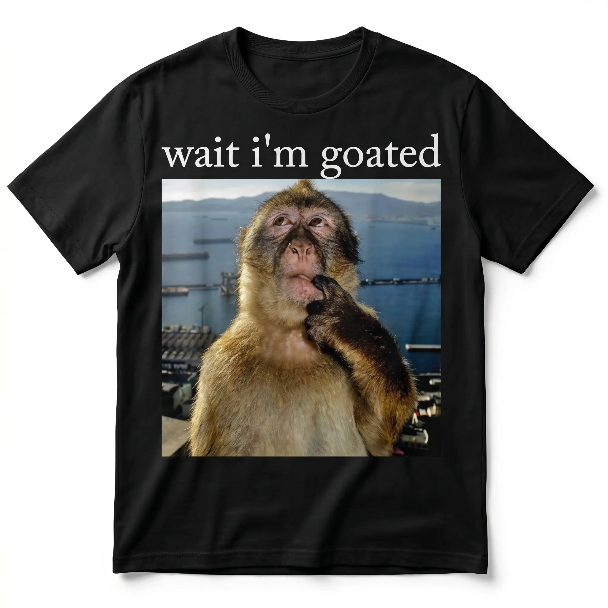 "Wait I'm Goated" Funny Monkey Meme T-Shirt, 100% Cotton Animal Graphic Tee, Unisex Casual Shirt brainrot gift t-shirt