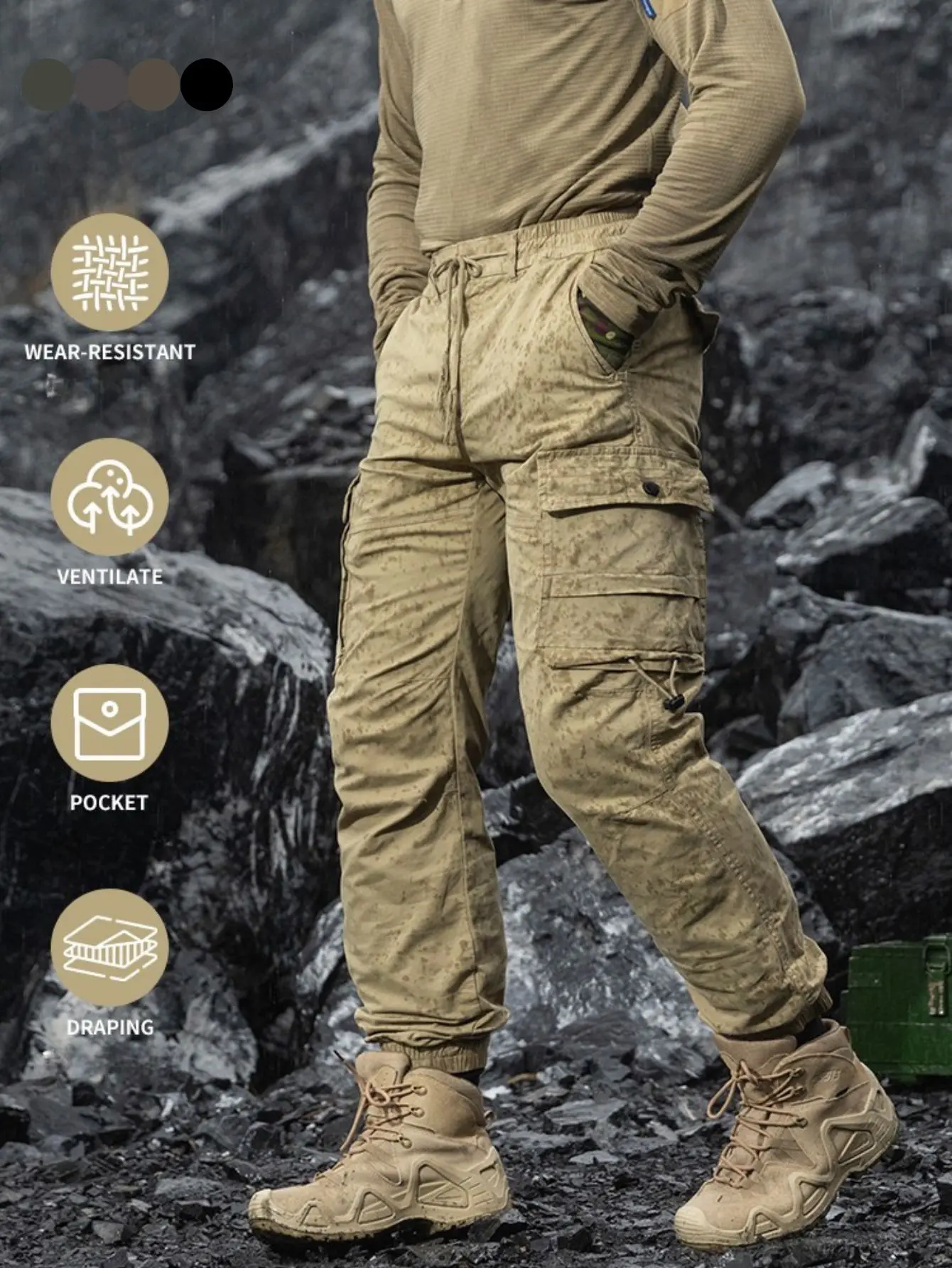 100% Cotton Hiking Work Pants – Desert Camouflage Tactical Pants with Elastic Drawstring Waistband and Cuffed Ankle