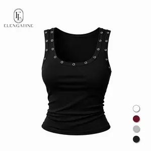 Women's Ribbed Crop Tank Top – Grommet Detail Scoop Neck, Slim Fit Stretch Fabric, Y2K Street Style, Perfect for Casual/Night Out/Festival Looks, Easy to Pair with Jeans or Cargo Pants
