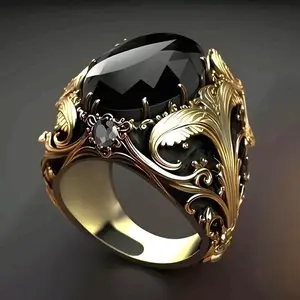 1 Piece Vintage Men's Gold Alloy Ring, Inlaid with Large Black Cubic Synthetic Zirconia and Floral Engraving - Elegant Statement Jewelry, Suitable for Casual or Formal Occasions, Vintage Art Decorative Ring and Jewelry,  personalize design