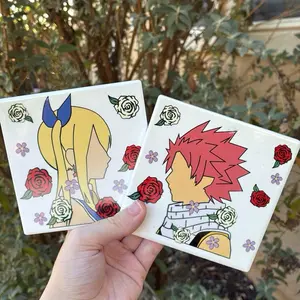 Natsu and Lucy Coaster Set - Includes 2 Coasters Featuring Anime Characters with Floral Accents
