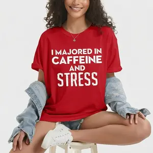 Red "I Fueled by Caffeine and Stress" Funny Mom Life T-Shirt Tshirt Printed in USA